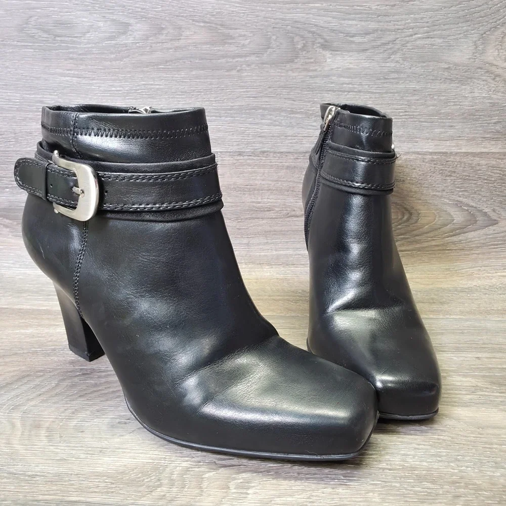 Franco Sarto Booties Womens‎ 7M Black Square Toe Buckle Ankle Heeled Moto Biker